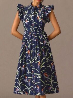 Maeve By Anthropologie Ruffled Floral Shirt Dress Blue Cotton Petite Size XXSP